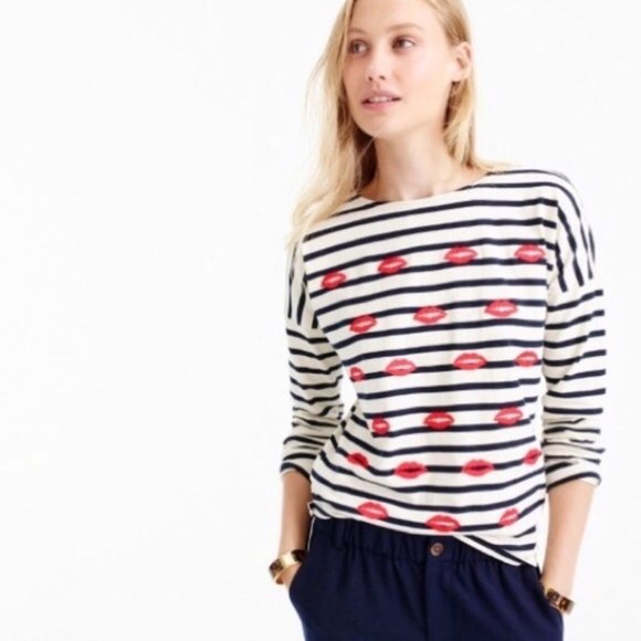 J. CREW Women’s Striped Embroidered Lips Long Sleeve Tee Shirt Navy Blue White S - Picture 2 of 10